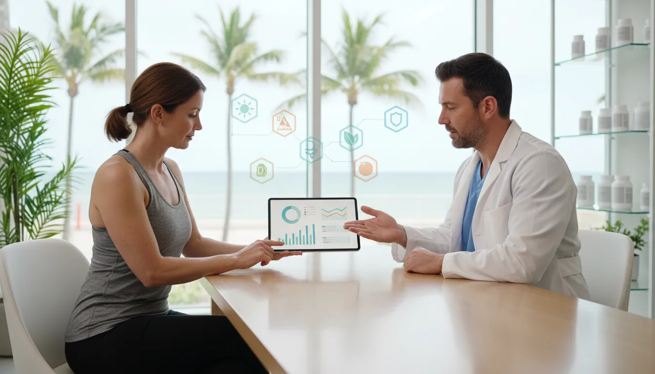 Clinician reviewing micronutrient deficiency testing results with an active adult in Hallandale Beach