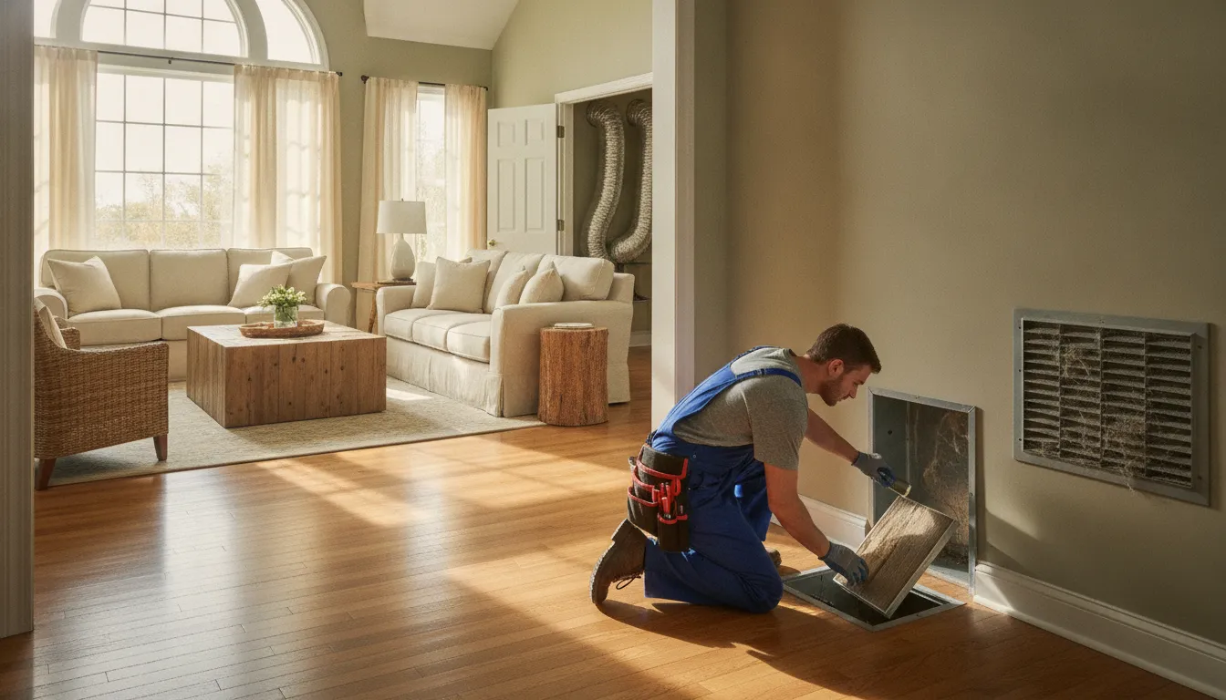 HVAC technician checking a supply register and return grille for home airflow