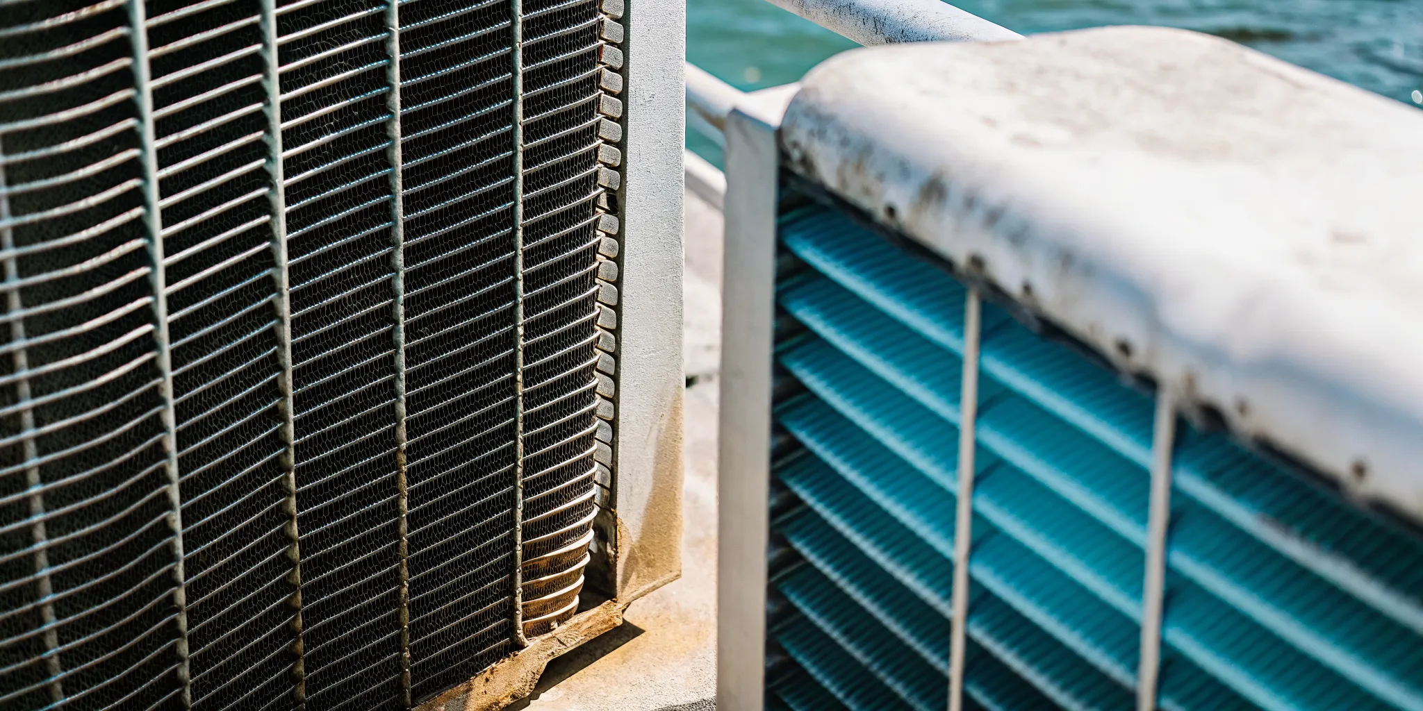 Coastal condenser coils showing salt deposits and corrosion