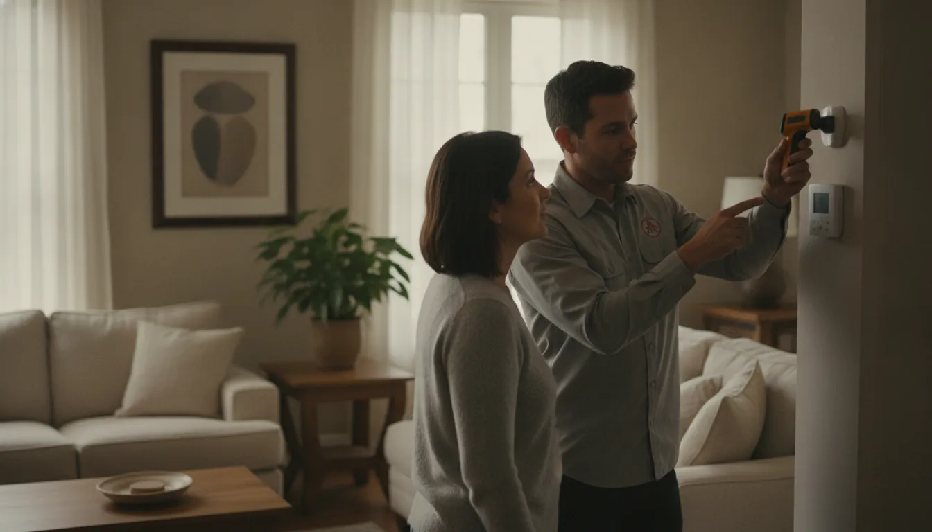 HVAC professional reviewing room comfort with a Delmarva homeowner