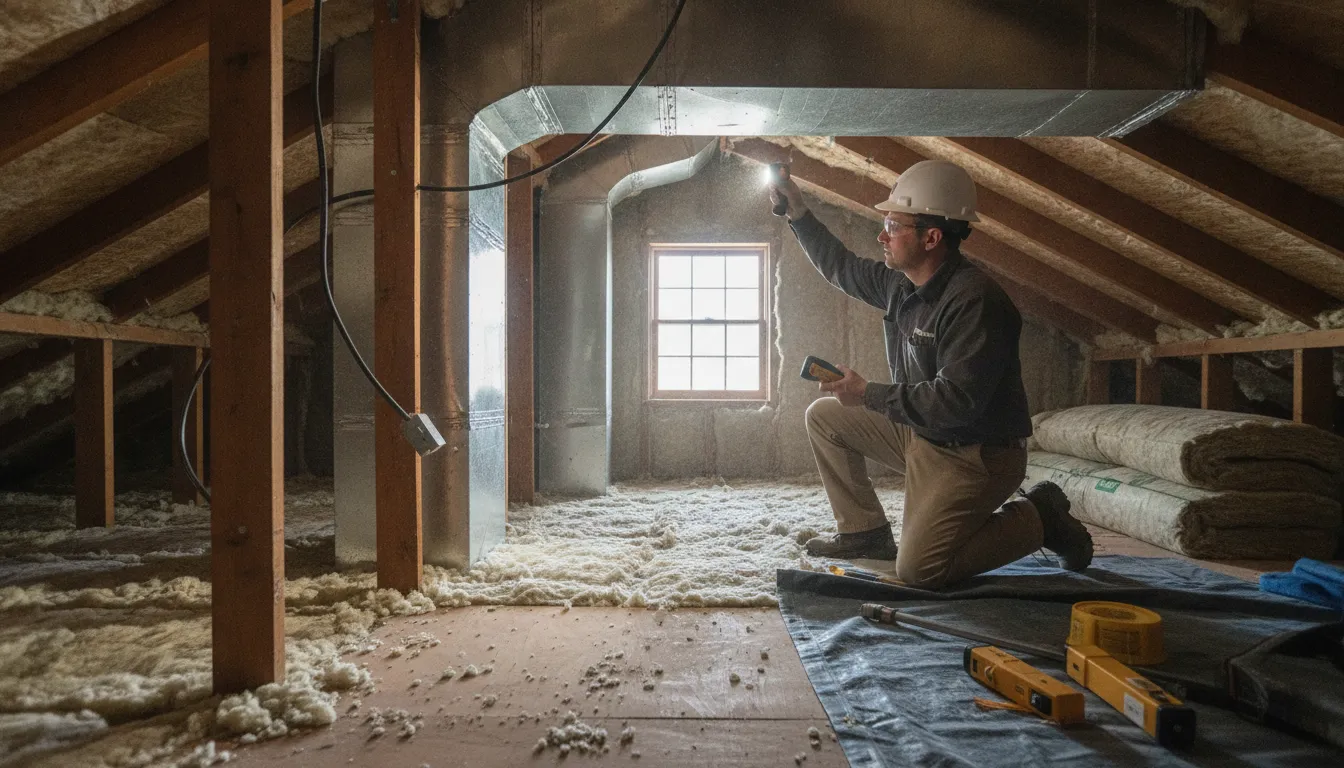 HVAC technician inspecting ductwork and attic insulation in a Delmarva home