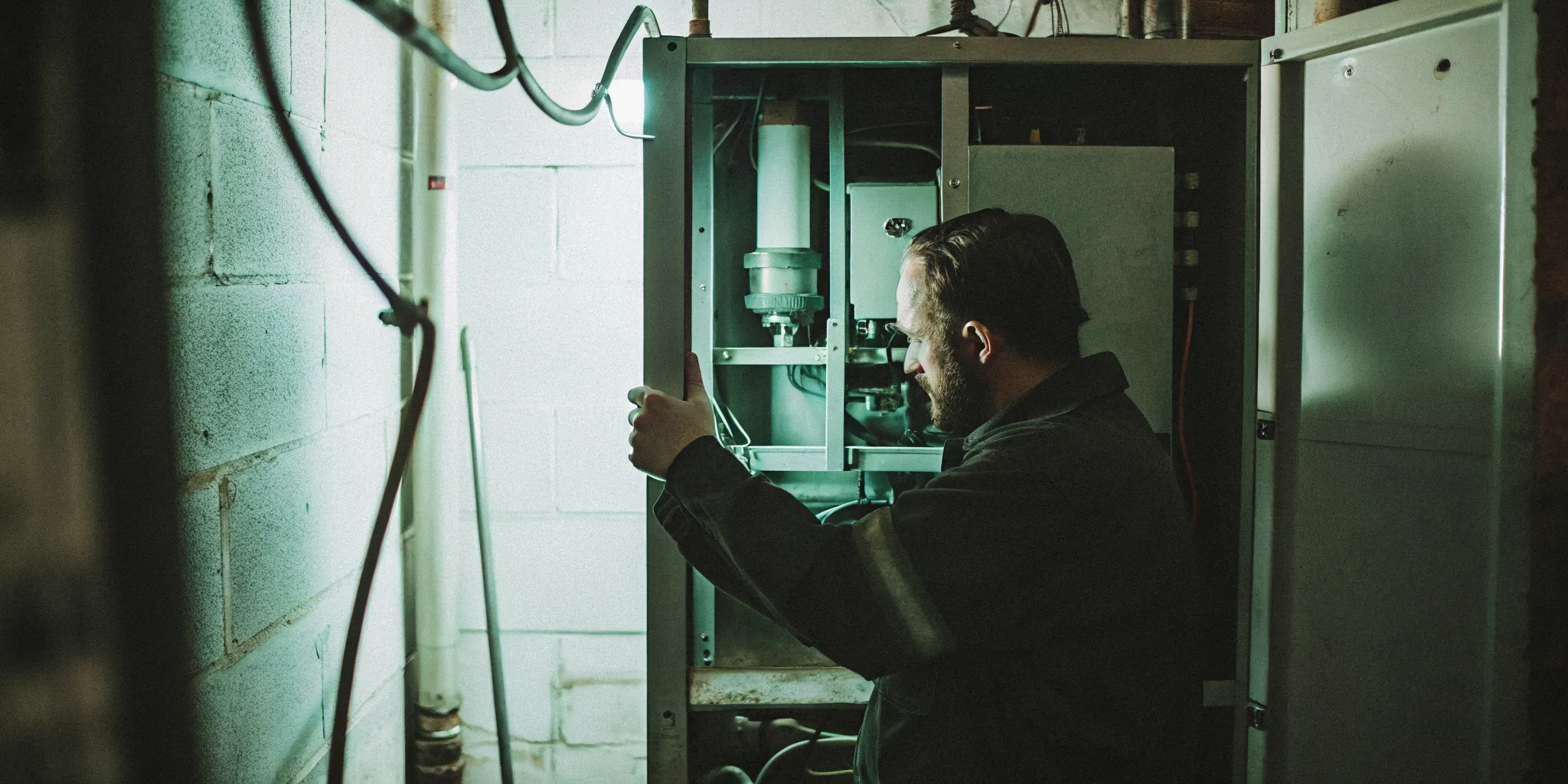 A professional NATE-certified technician inspecting a residential gas furnace in a Maryland home