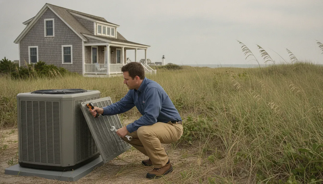 Heat pump maintenance Delmarva technician inspecting outdoor coil