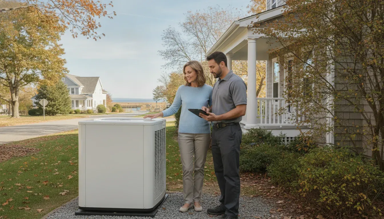 Heat pump maintenance Delmarva homeowner reviewing outdoor equipment
