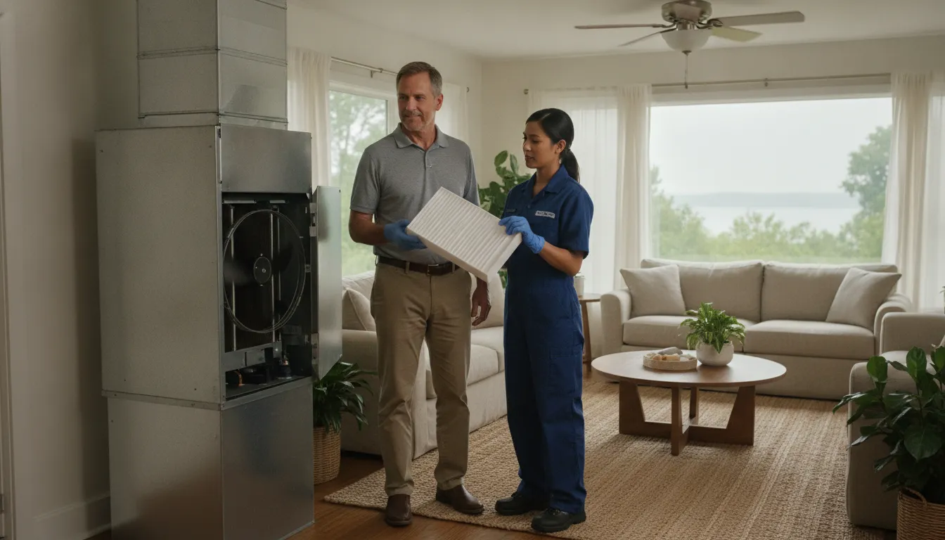Bay Care technician inspecting filtration and ventilation for a Maryland home