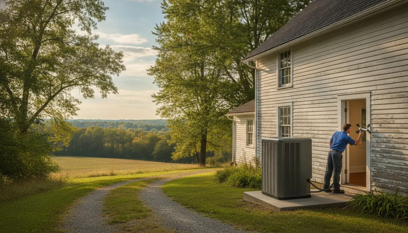HVAC technician checking a heat pump beside a Delaware home