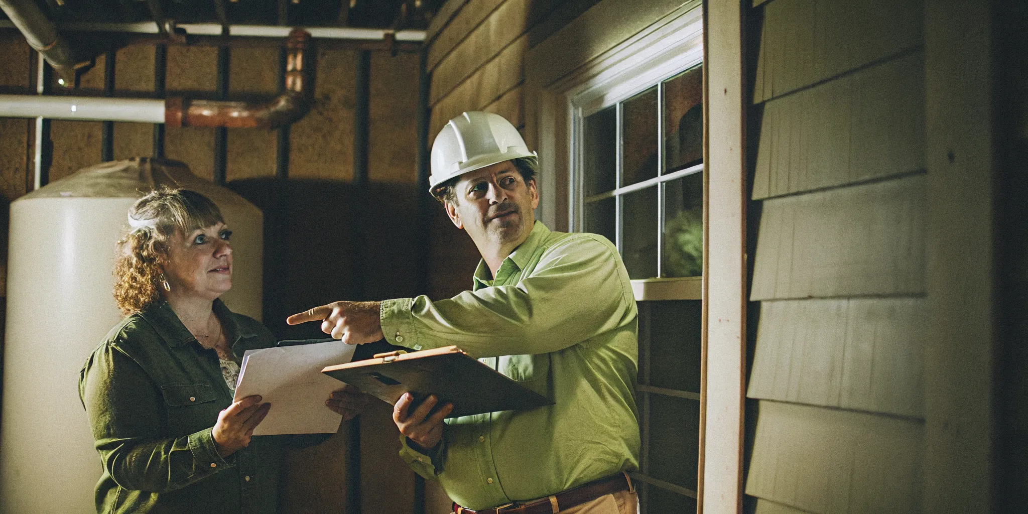 Homeowner reviewing an HVAC checklist with a NATE certified technician during an in-home consultation on the Eastern Shore