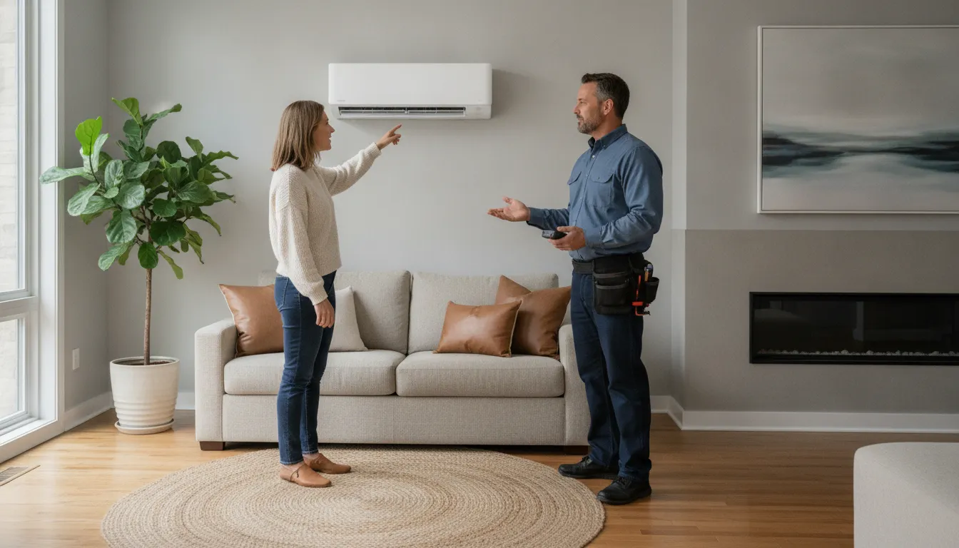 Homeowner reviewing a ductless HVAC option with a technician