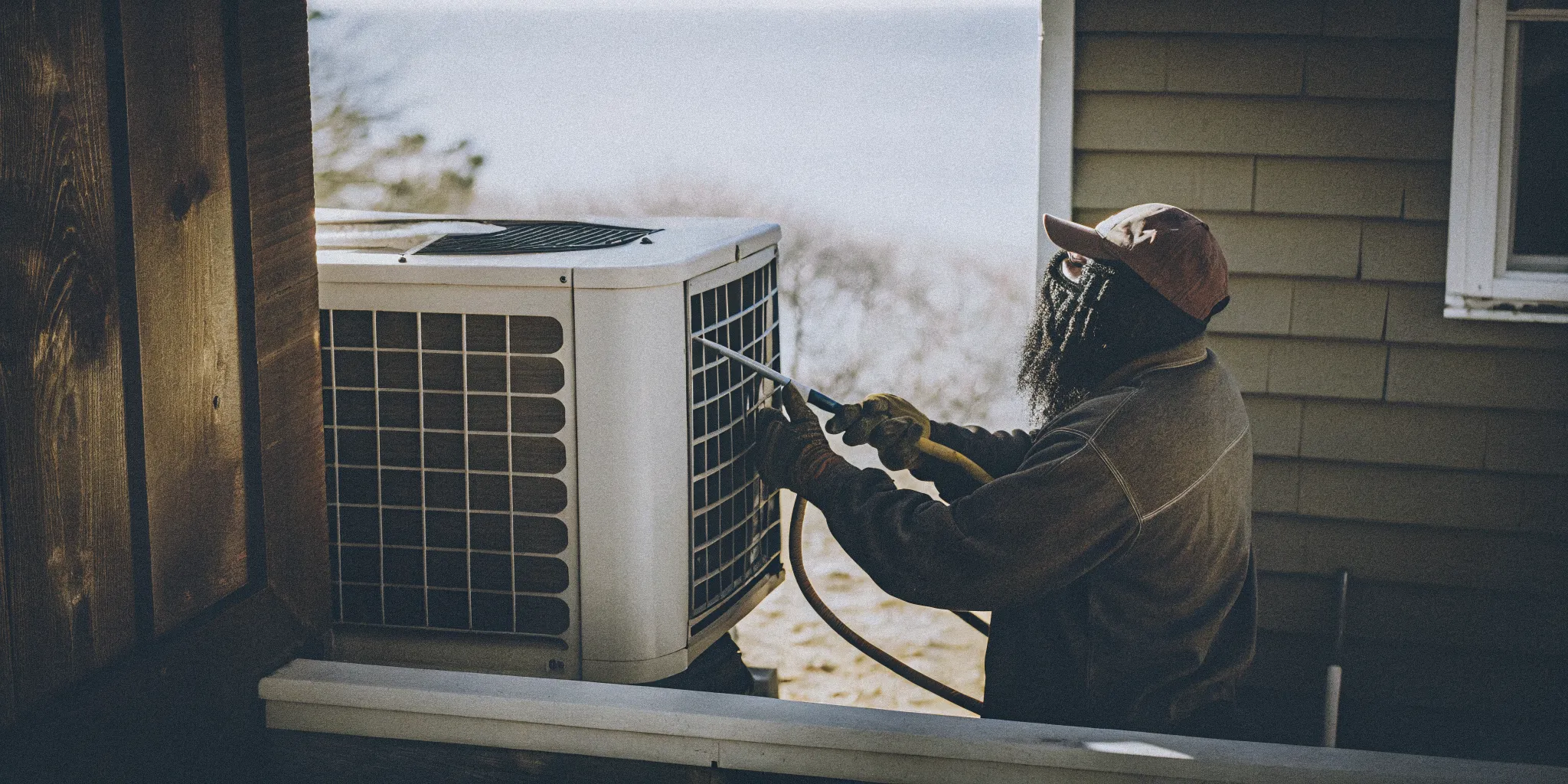 HVAC technician applying coastal corrosion protection coating to an outdoor AC unit on the Delmarva Peninsula