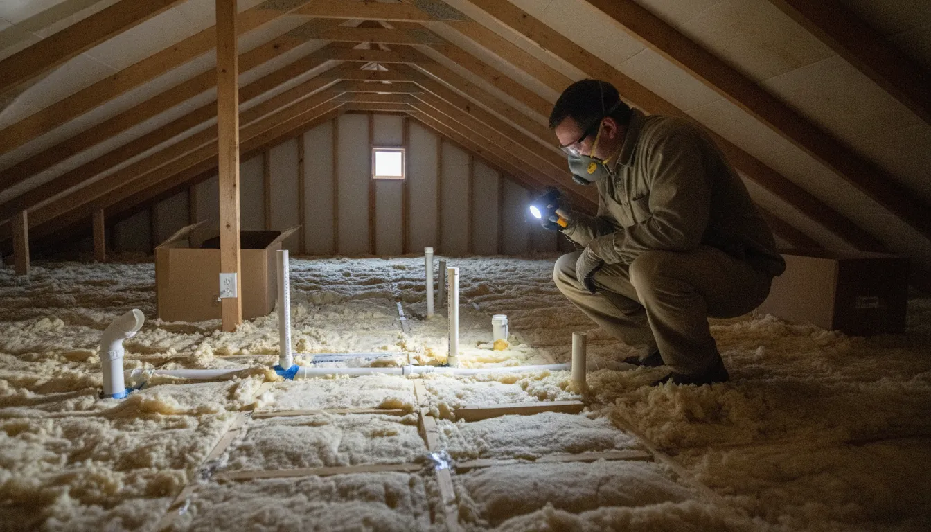 Technician inspecting attic insulation and air sealing