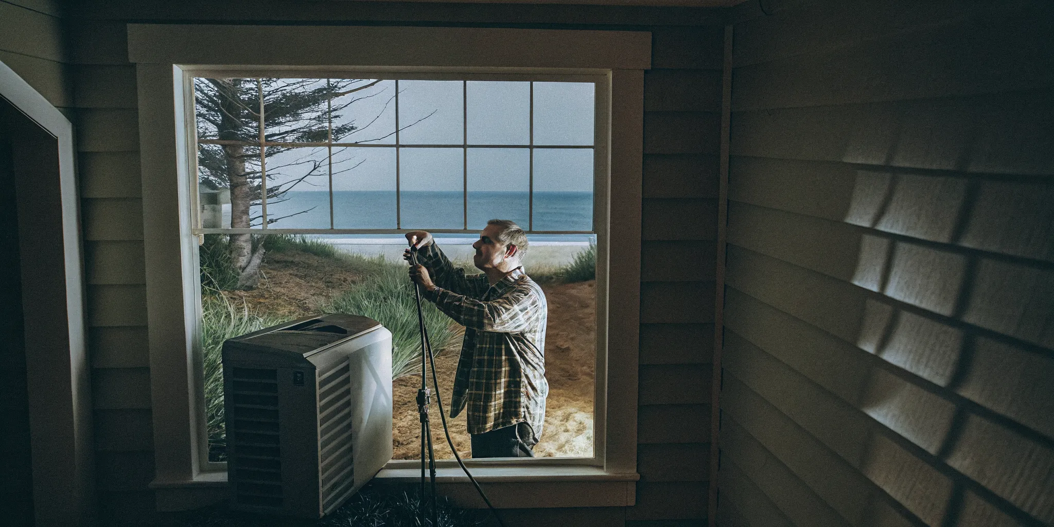 Technician inspecting an outdoor HVAC unit for coastal salt-air corrosion on Delmarva