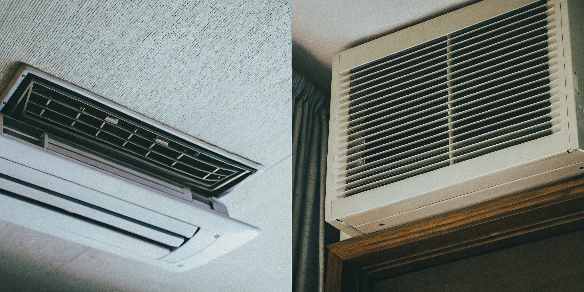 Side-by-side comparison of a ductless mini-split wall unit and a central air conditioning vent