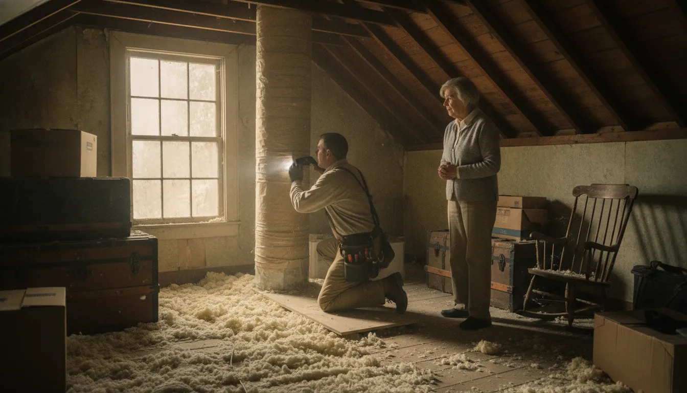 HVAC technician examining ductwork and insulation in an older Maryland home