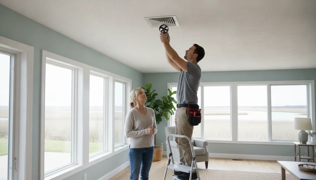 HVAC technician checking airflow at a vent in a Maryland home