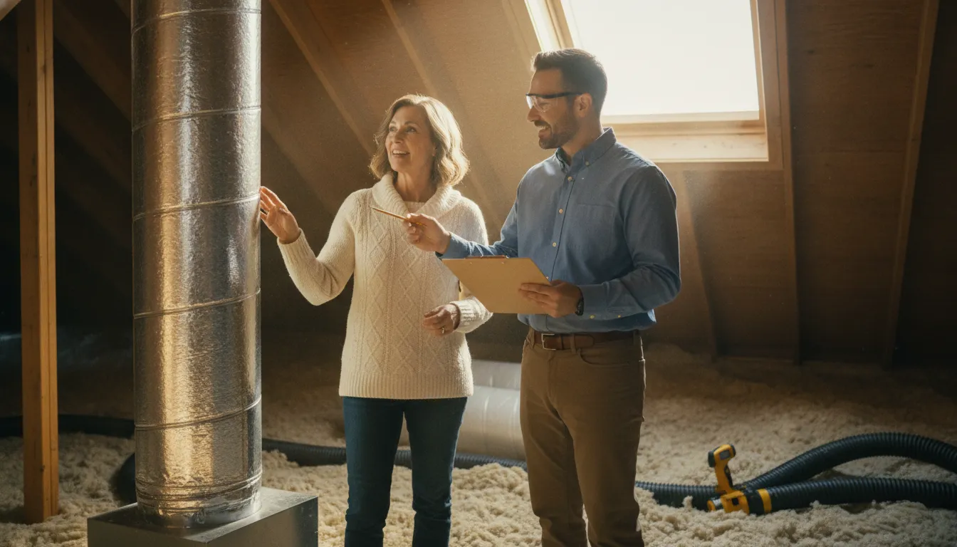 A BPI-certified energy analyst reviewing a home energy assessment with a homeowner in the attic