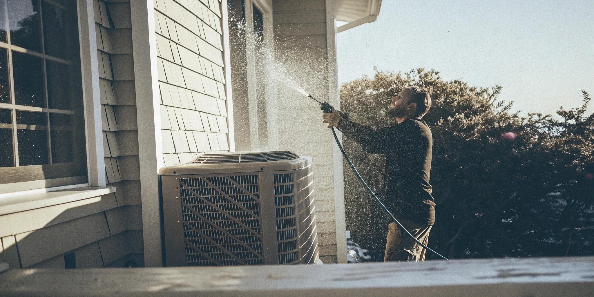 HVAC technician rinsing outdoor AC condenser coils with a garden hose at a coastal Delaware home