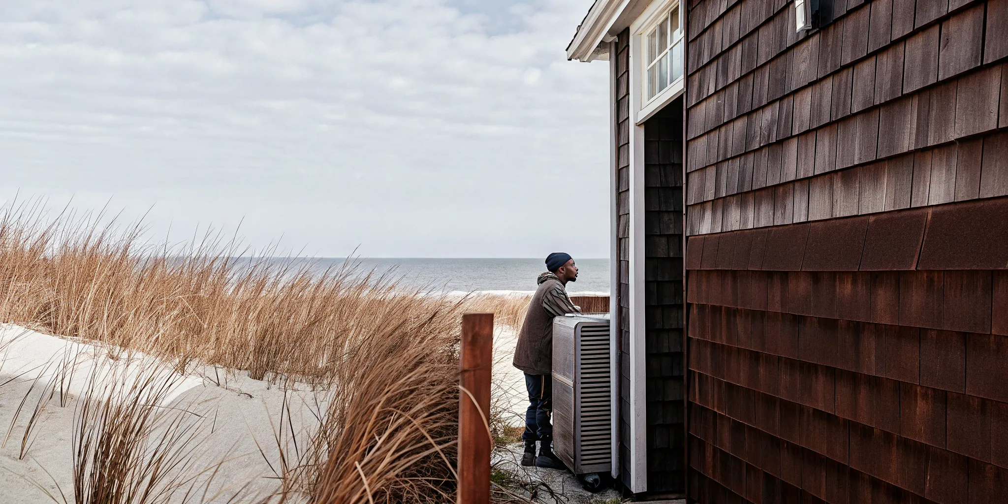 Technician inspecting a coastal beach house HVAC condenser