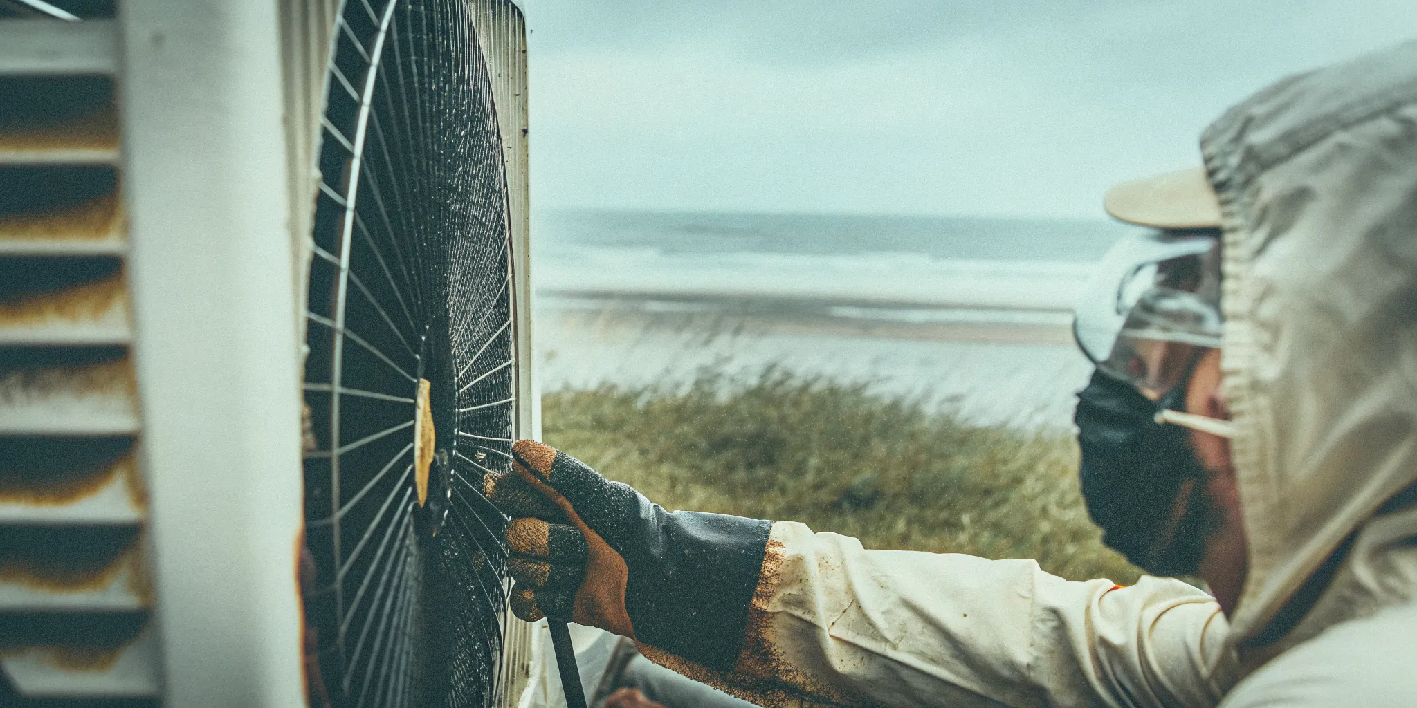HVAC technician applying a protective marine-grade coating to an outdoor AC condenser at a coastal home