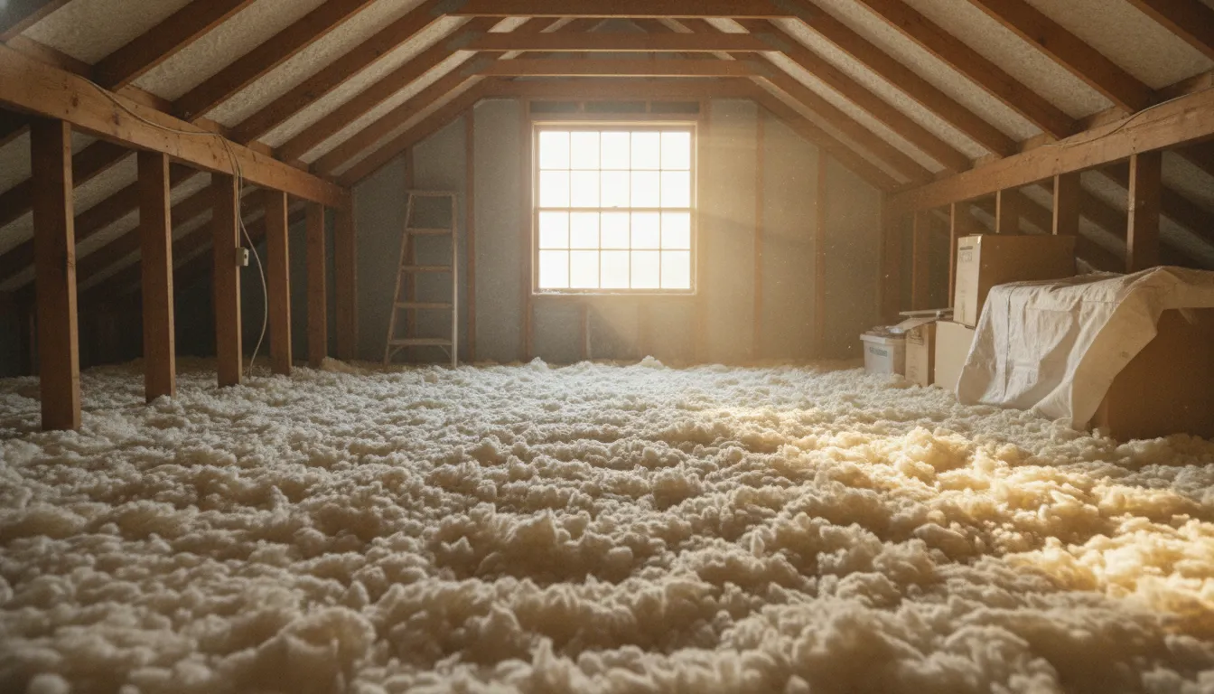 Loose-fill attic insulation between the floor joists in a Maryland home attic