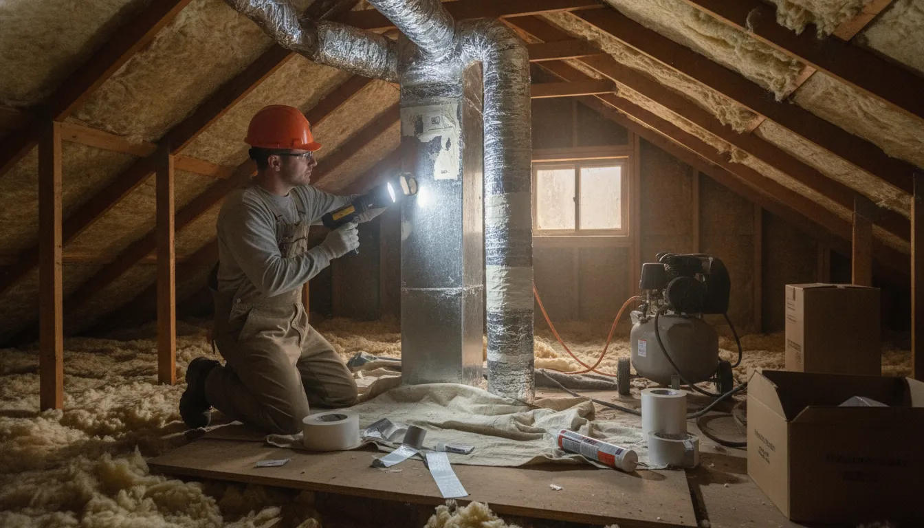 HVAC technician sealing duct joints in a Maryland attic to improve HVAC upgrade energy savings