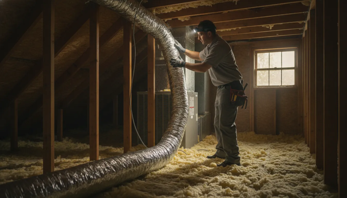 HVAC technician inspecting ductwork and attic insulation in a Maryland home