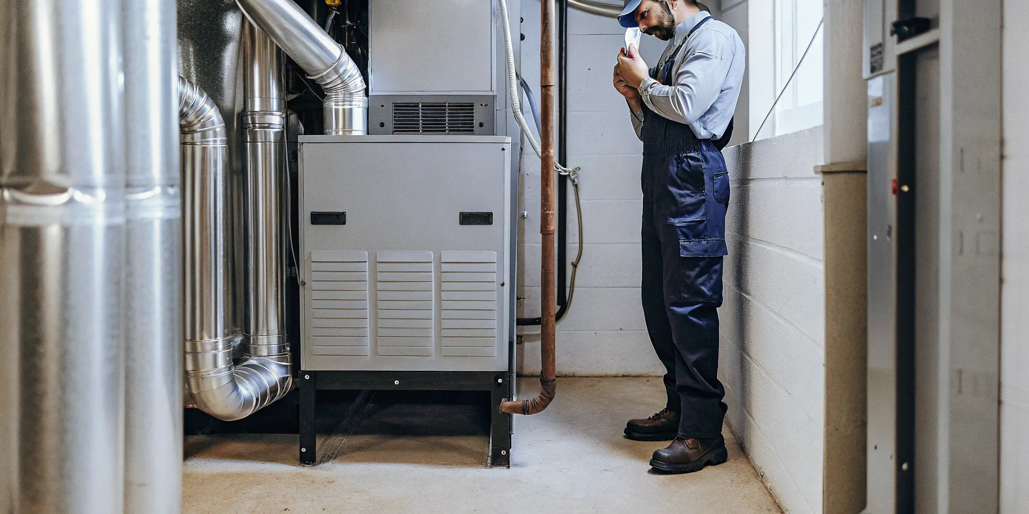 HVAC technician inspecting a gas furnace in a Delmarva home