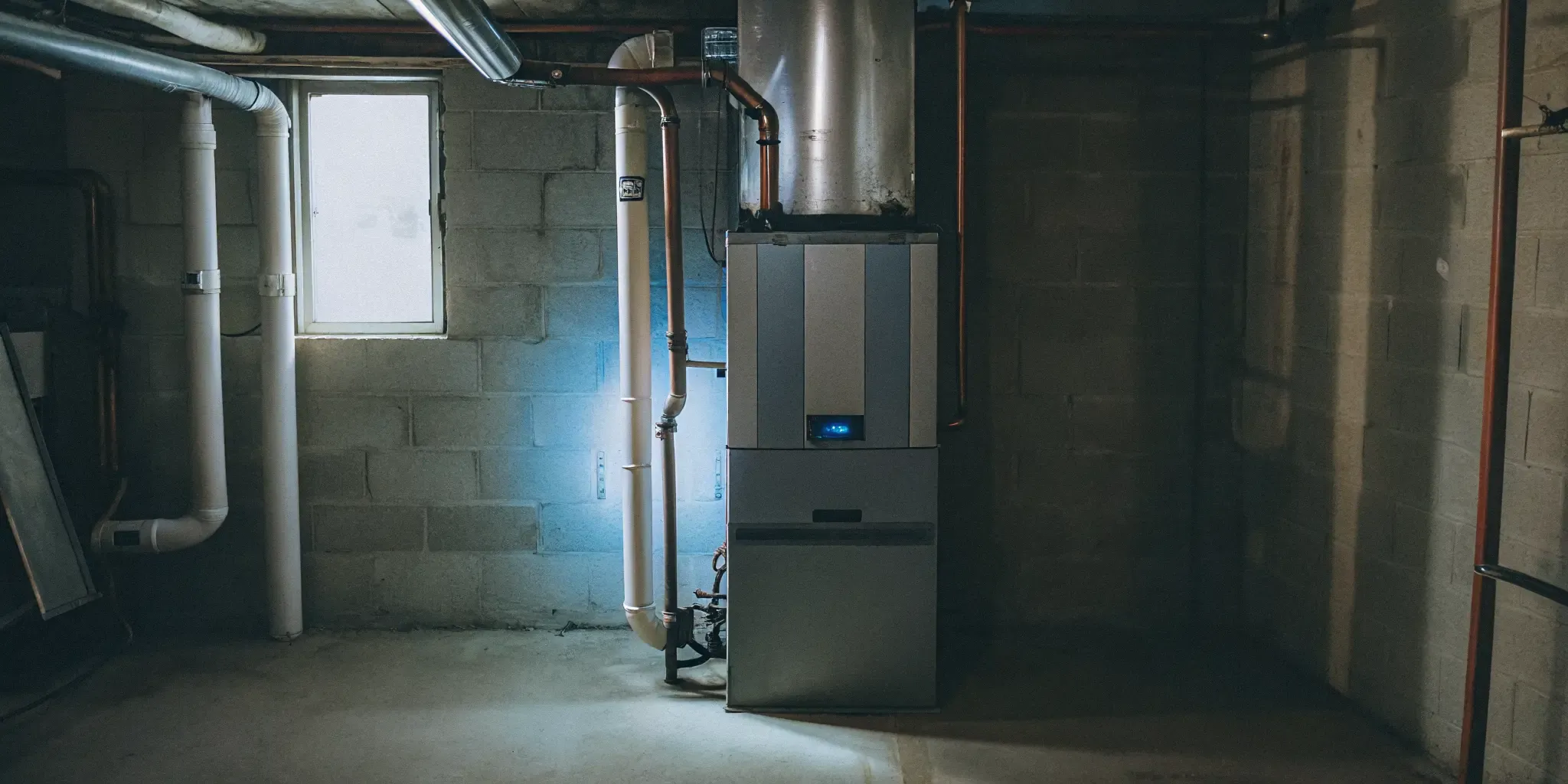 Modern high-efficiency gas furnace installed in a Maryland home basement utility room
