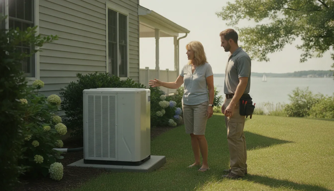 HVAC technician reviewing a heat pump upgrade with a Maryland homeowner