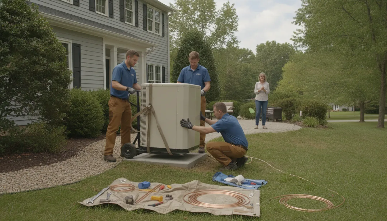 HVAC installation team setting equipment beside a Delaware home