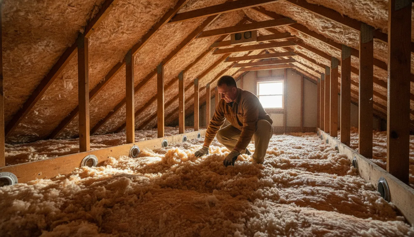 Bay Care professional inspecting attic insulation near roof rafters