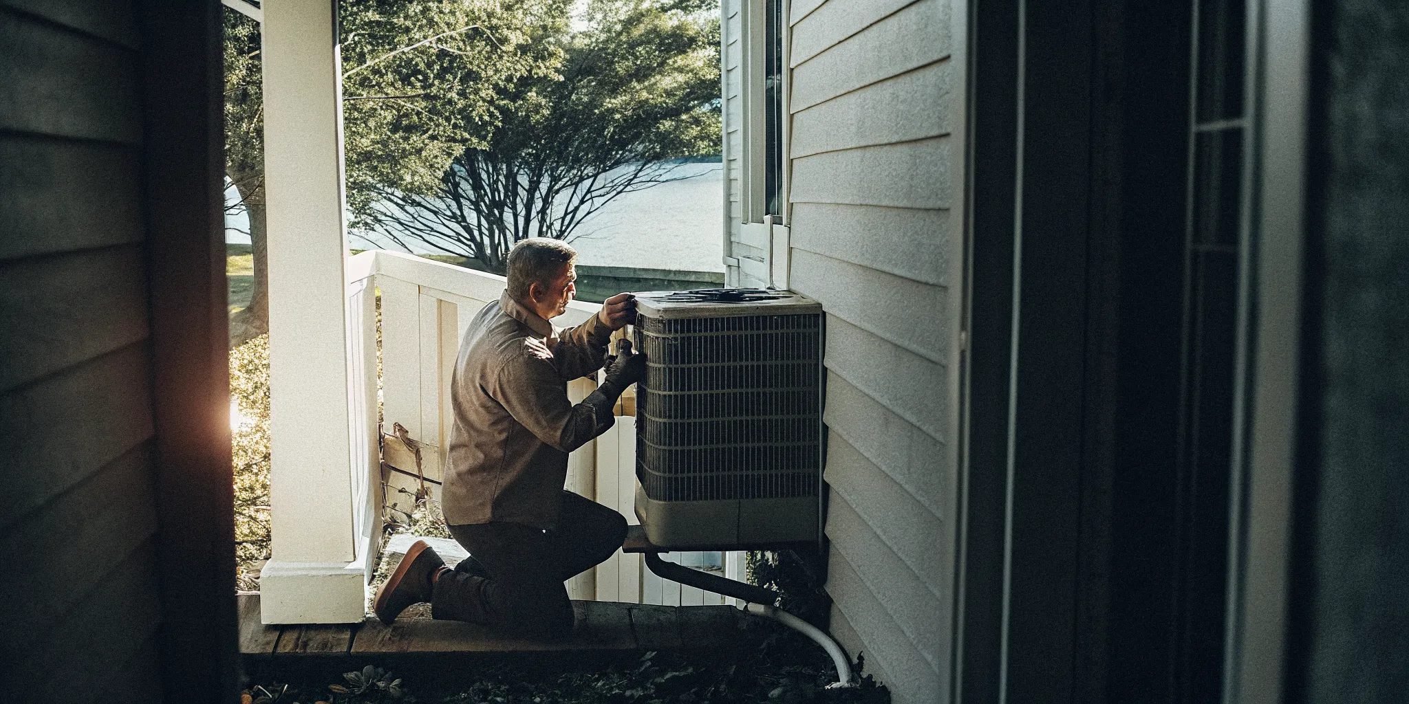 Technician performing HVAC repair and maintenance at a Delmarva home