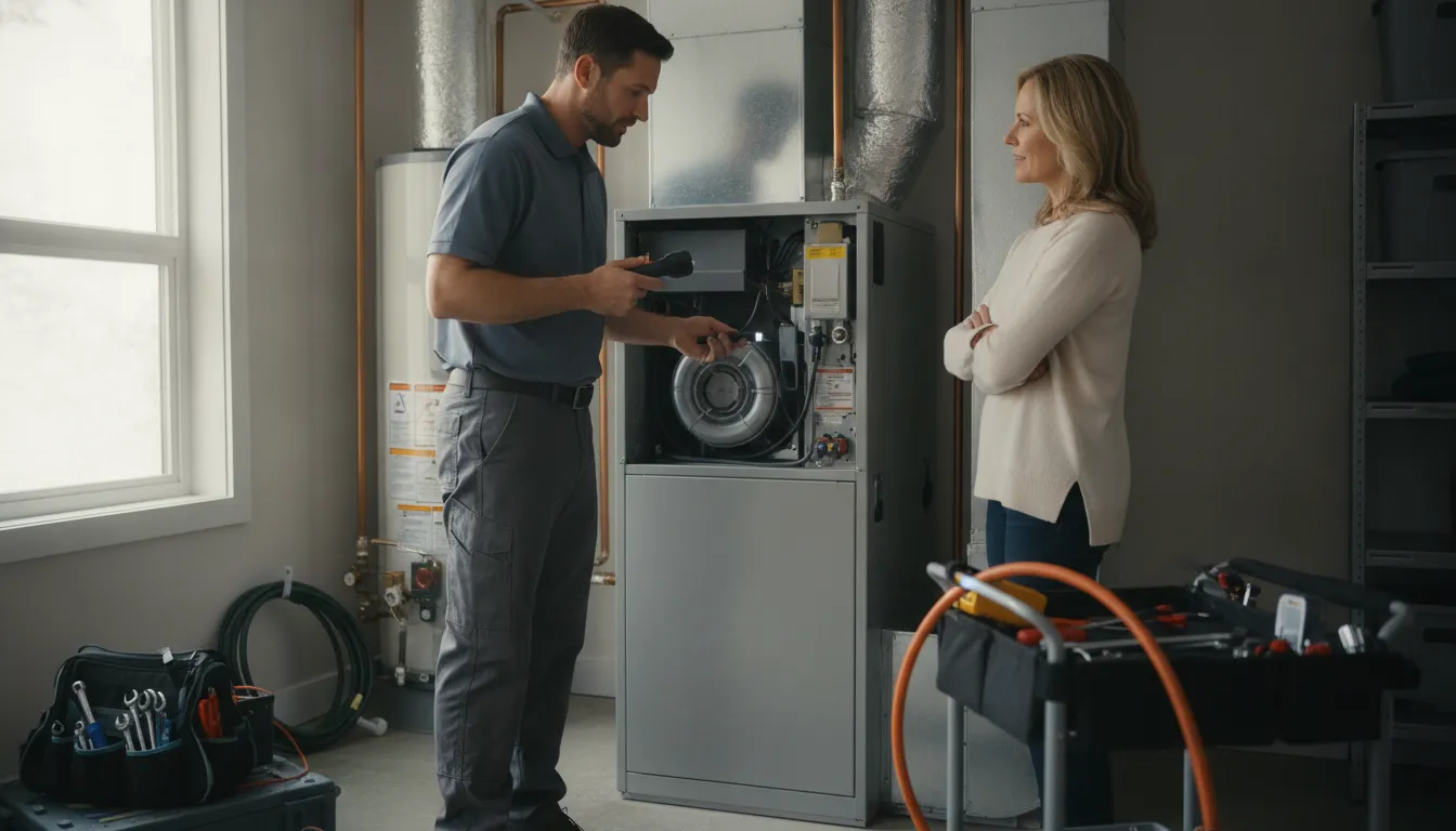 HVAC contractor inspecting heating equipment in a Rehoboth Beach home