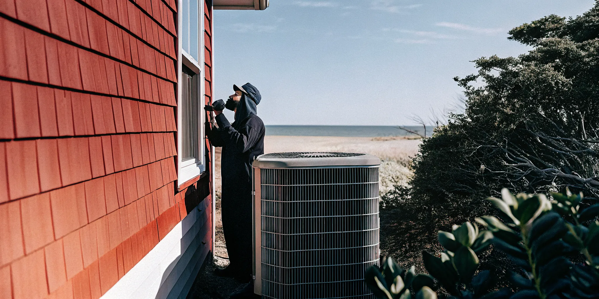 Technician checking a beach house HVAC condenser for salt-air corrosion