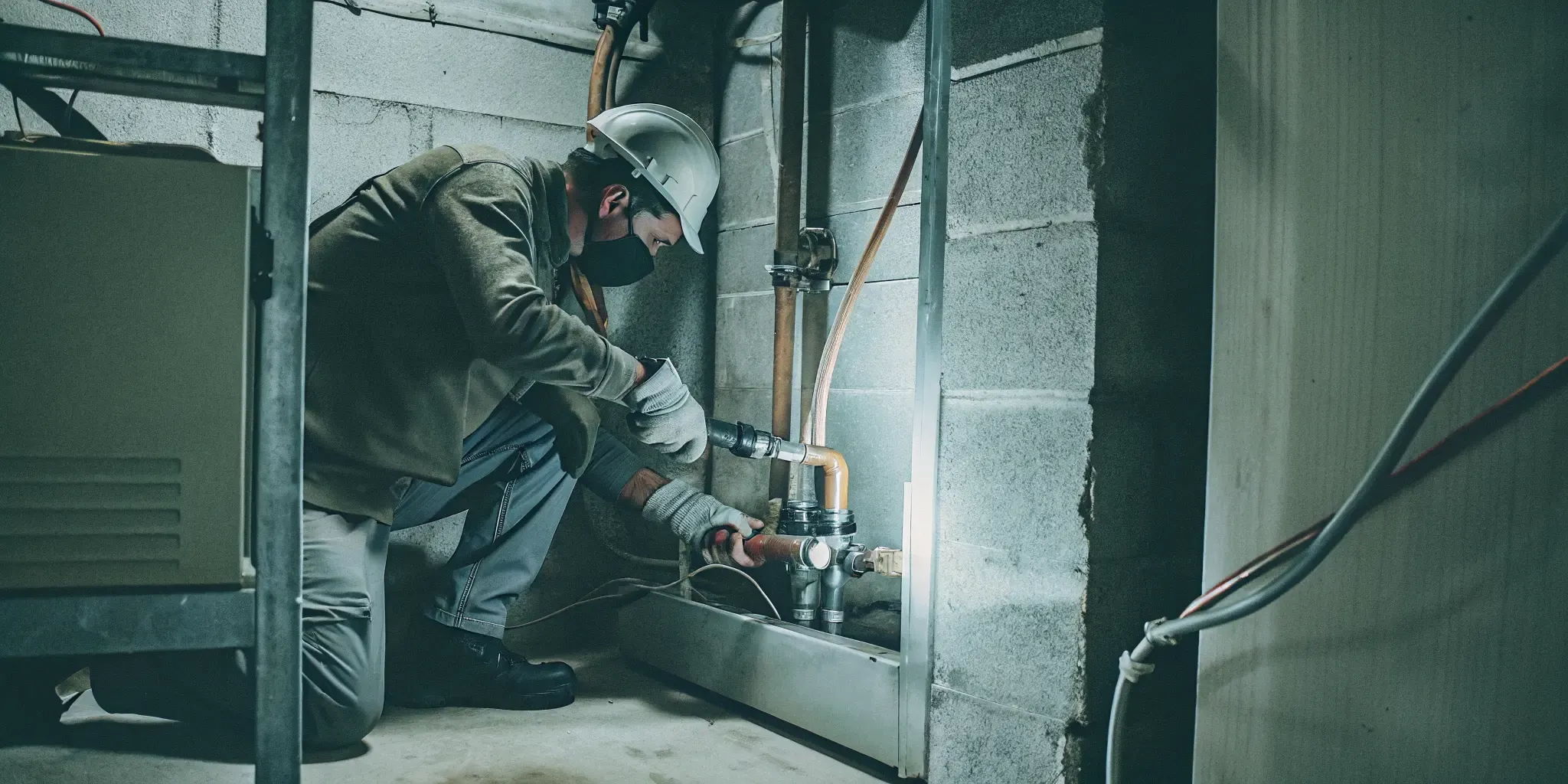 HVAC technician installing a gas furnace with copper gas line connections in a Maryland home