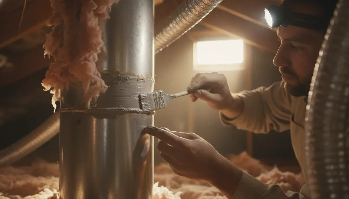 HVAC technician in a Maryland attic applying mastic sealant to an accessible duct joint