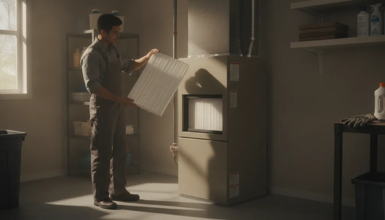 HVAC technician performing professional gas furnace maintenance in a home utility area