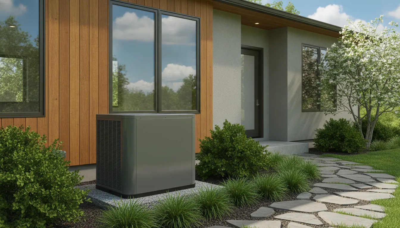 High-efficiency heat pump condenser beside a Maryland home