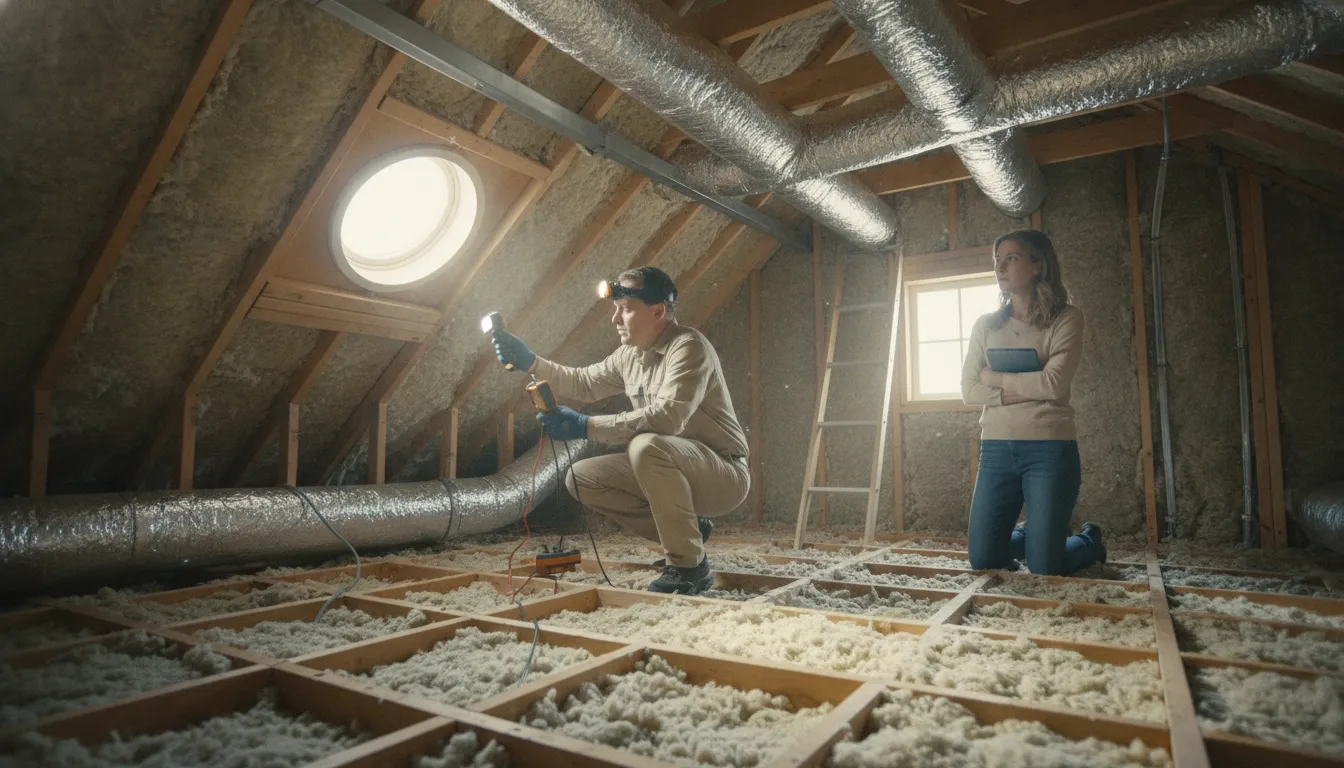 HVAC technician inspecting attic insulation and ductwork