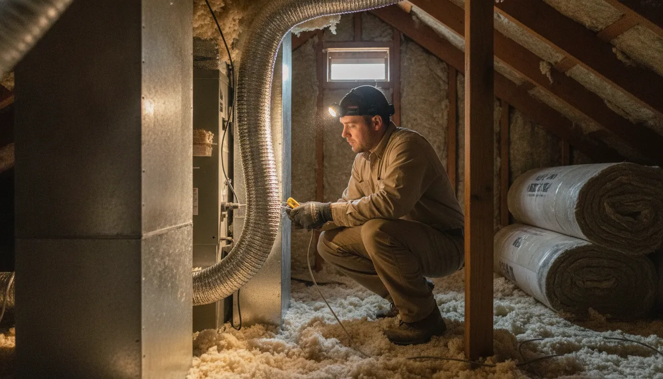 Technician inspecting attic insulation and ductwork during a home performance assessment