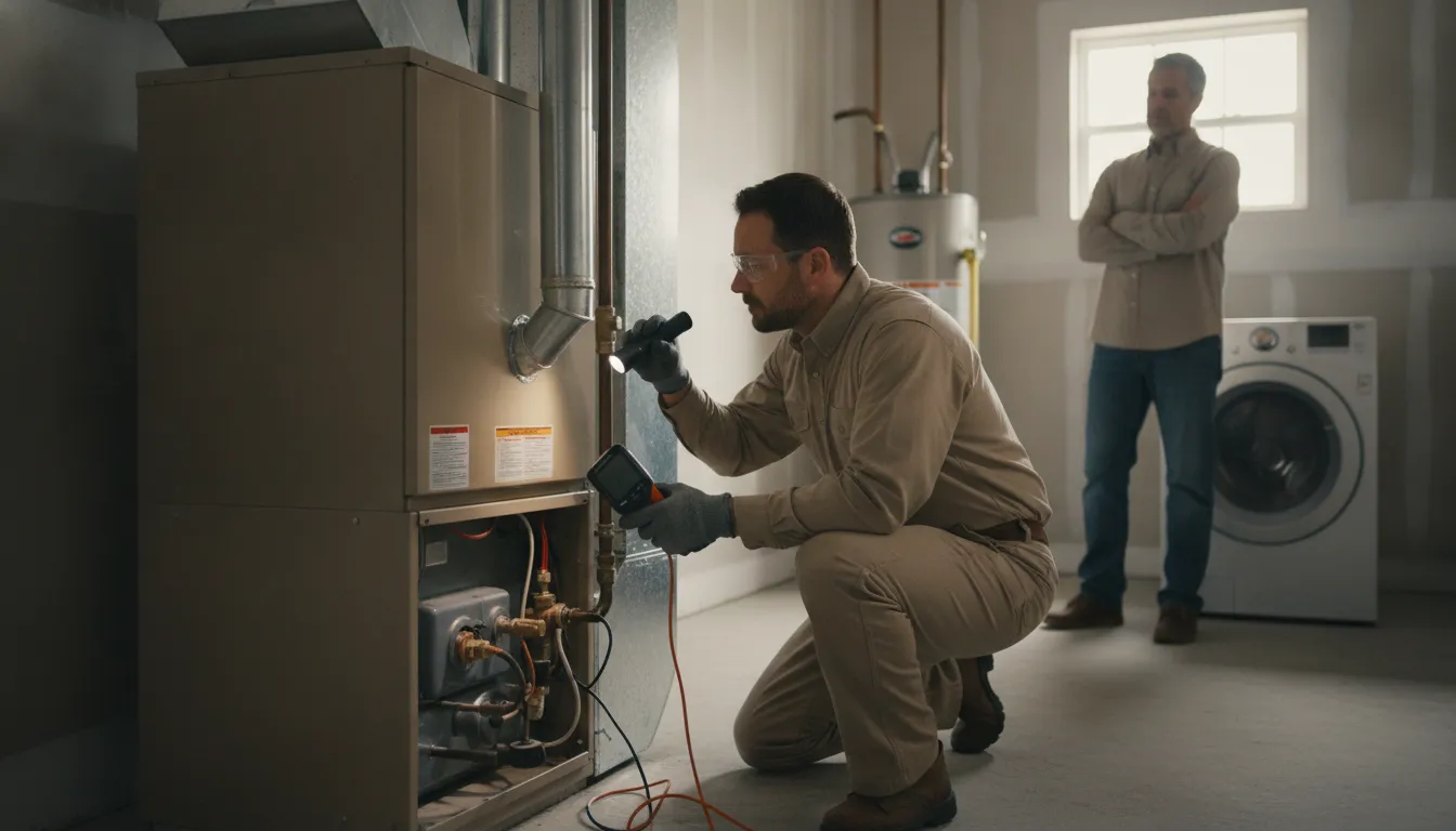 HVAC technician inspecting a residential gas furnace for safe operation