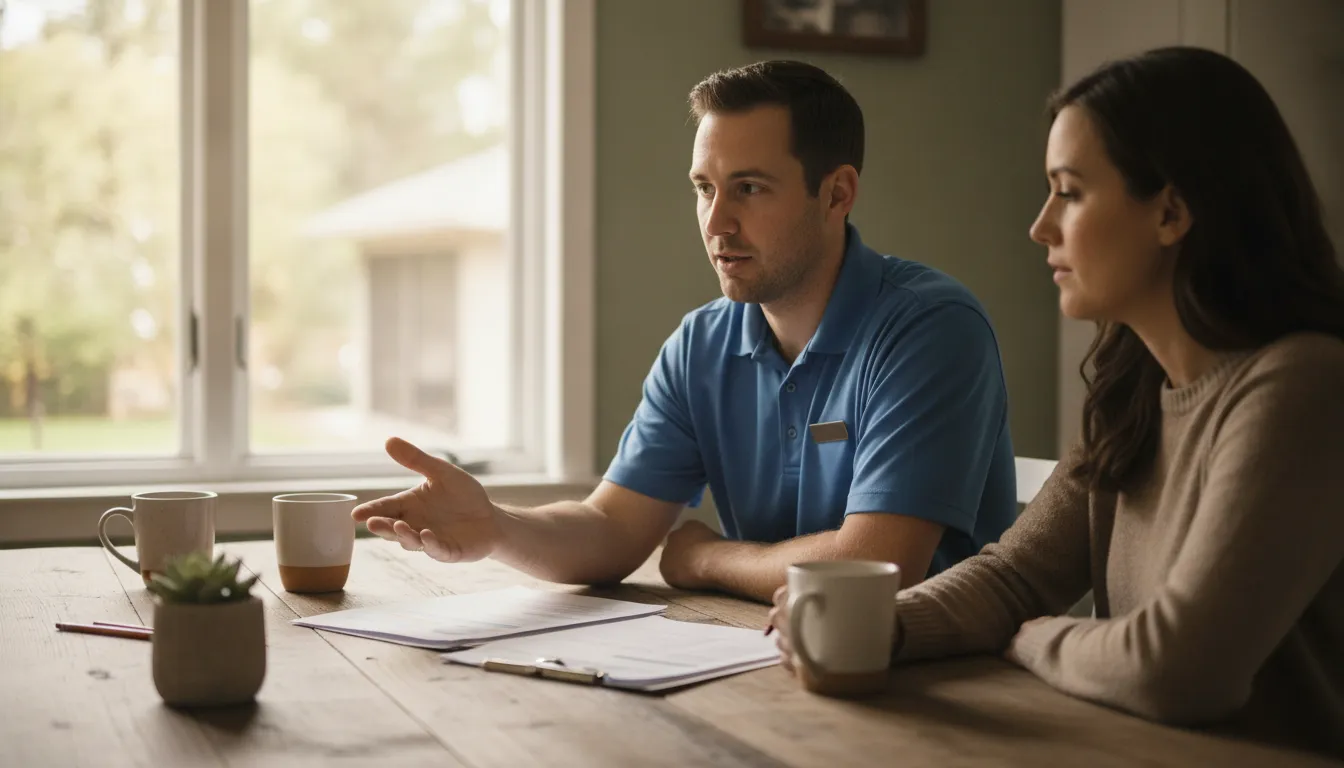 HVAC professional explaining a home performance assessment report