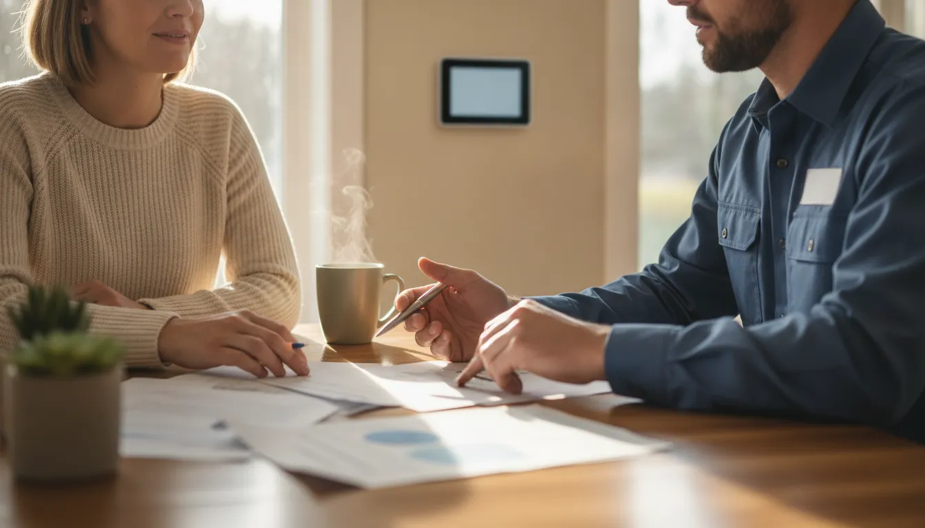 Homeowner and HVAC contractor reviewing rebate paperwork in a Maryland kitchen