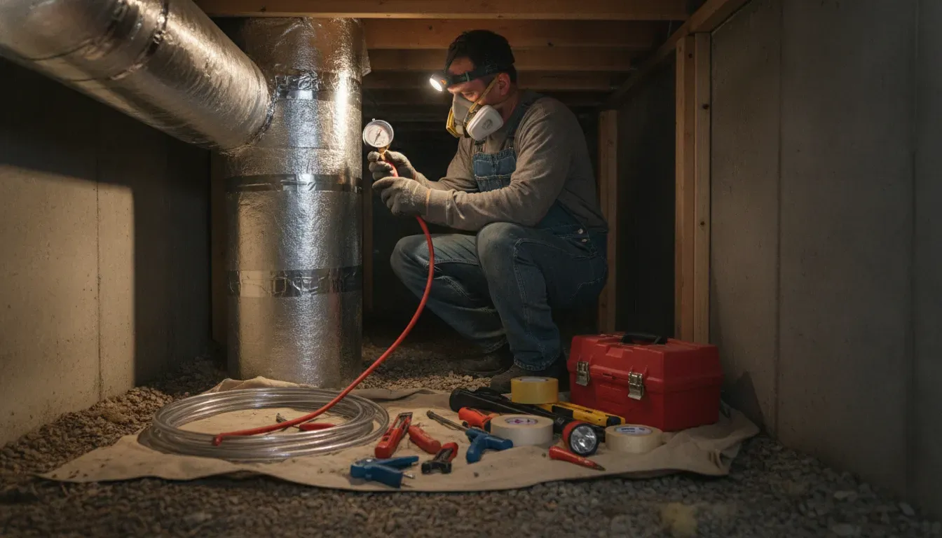 HVAC contractor pressure-testing sealed ductwork in a residential crawl space
