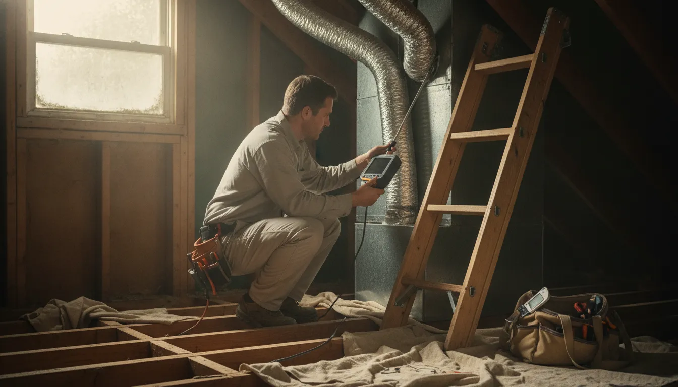 HVAC technician checking ductwork and airflow in a Delaware home