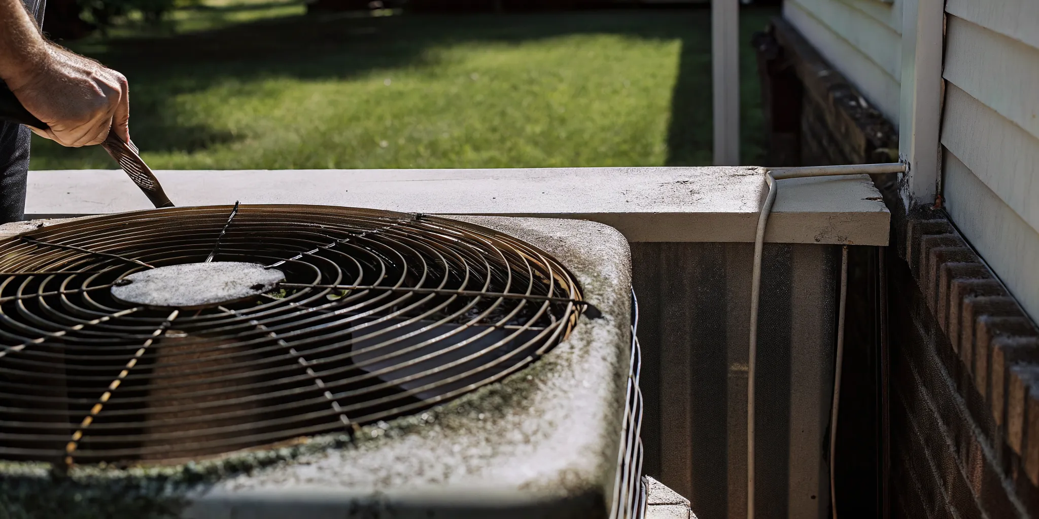 Technician inspecting an outdoor unit for salt air AC damage
