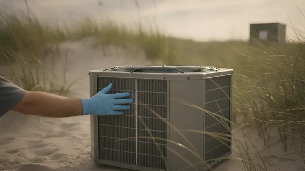 Coastal HVAC inspection of an outdoor condenser near Fenwick Island