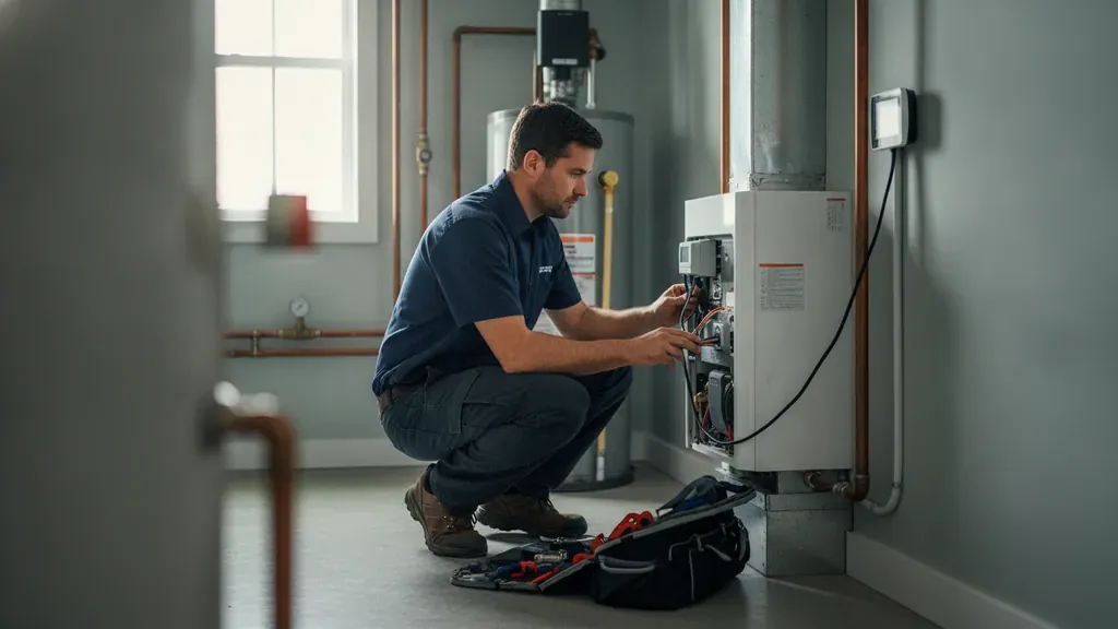 HVAC technician servicing a heating system in a Selbyville Delaware home