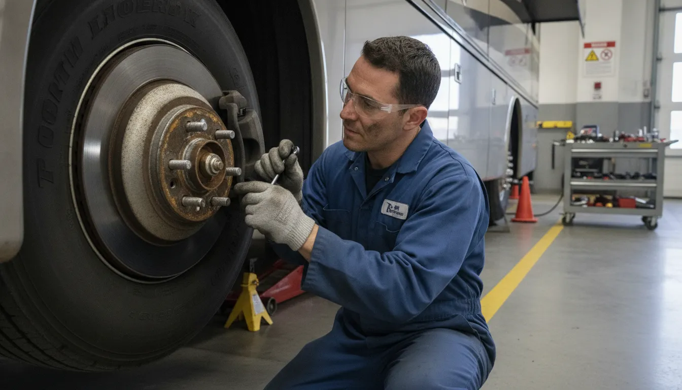 Technician performing diesel motorhome brake maintenance inspection