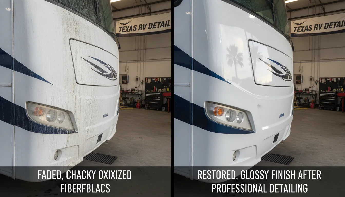 Comparison of RV gel coat showing oxidized faded fiberglass side by side with restored glossy finish