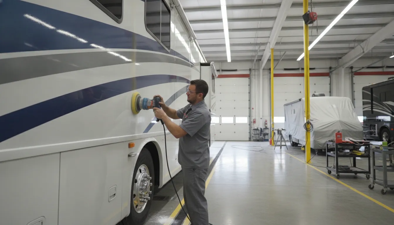 Professional RV detailer using an orbital buffer to polish the gel coat on a large motorhome at a service center